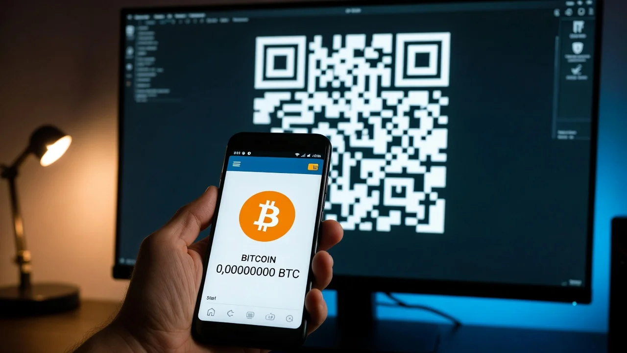 Hand hält Smartphone mit Bitcoin-Wallet und scannt QR-Code auf einem Computerbildschirm