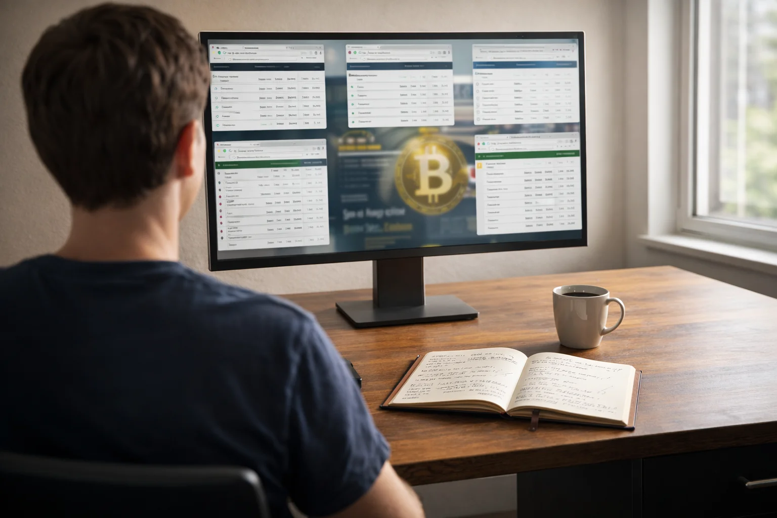 Person am Schreibtisch vergleicht Sportwetten-Anbieter auf einem Monitor mit Bitcoin-Logo