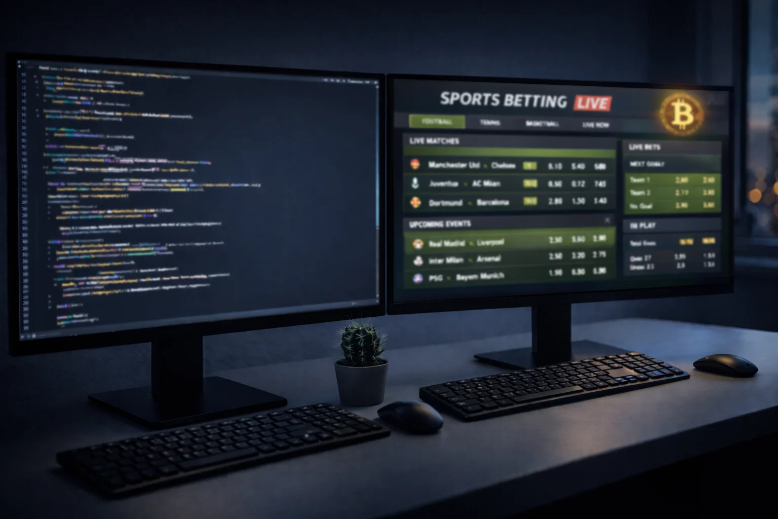 Zwei Bildschirme auf einem Schreibtisch zeigen Code und Live-Sportwetten-Daten nebeneinander