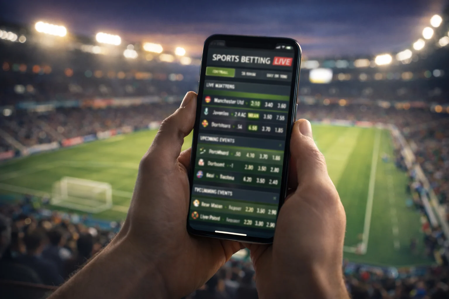 Hände halten ein Smartphone mit einer Sportwetten-App während im Hintergrund ein Fussballstadion zu sehen ist