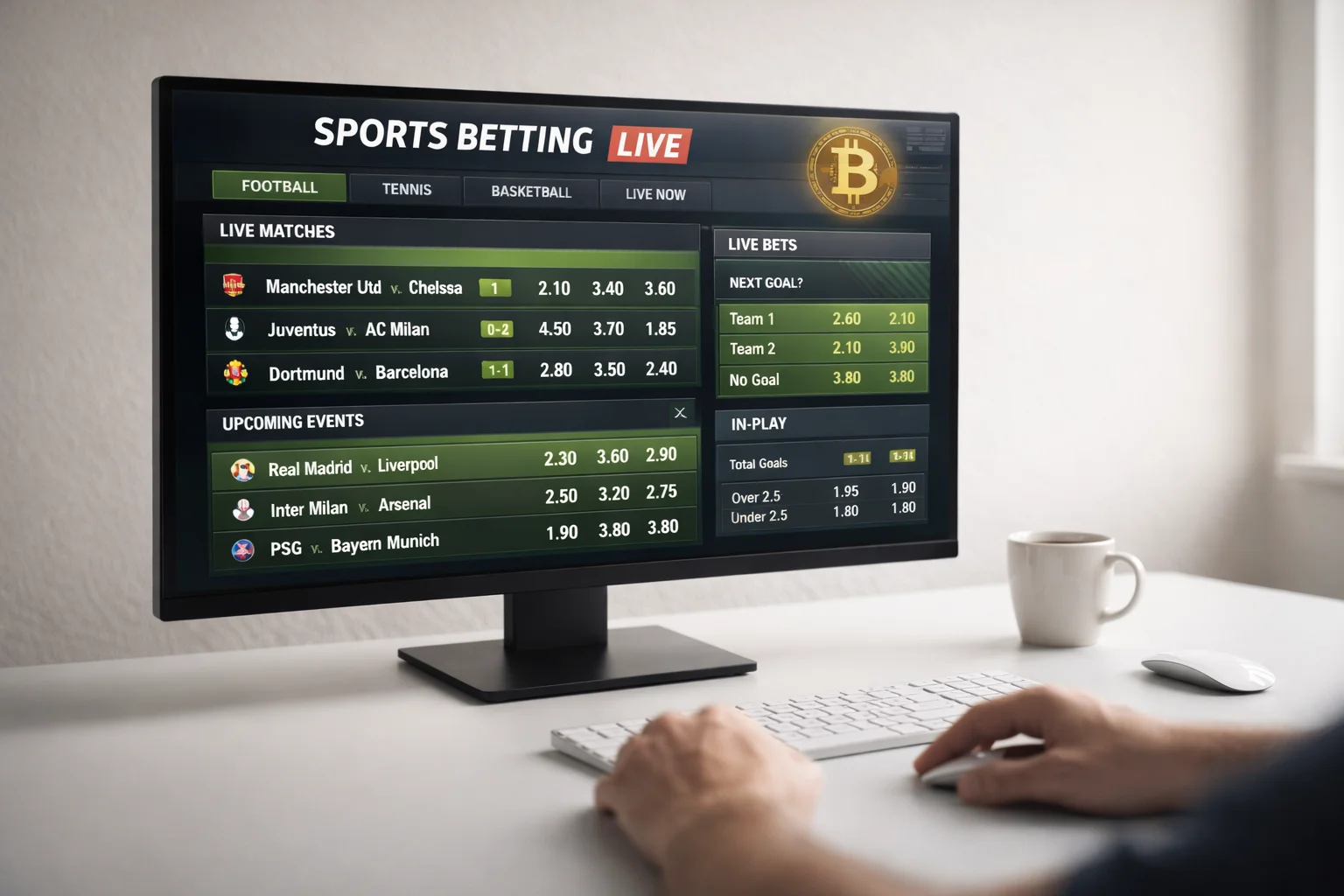 Grosser Monitor zeigt eine Sportwetten-Webseite mit Live-Quoten und Bitcoin-Logo am Schreibtisch