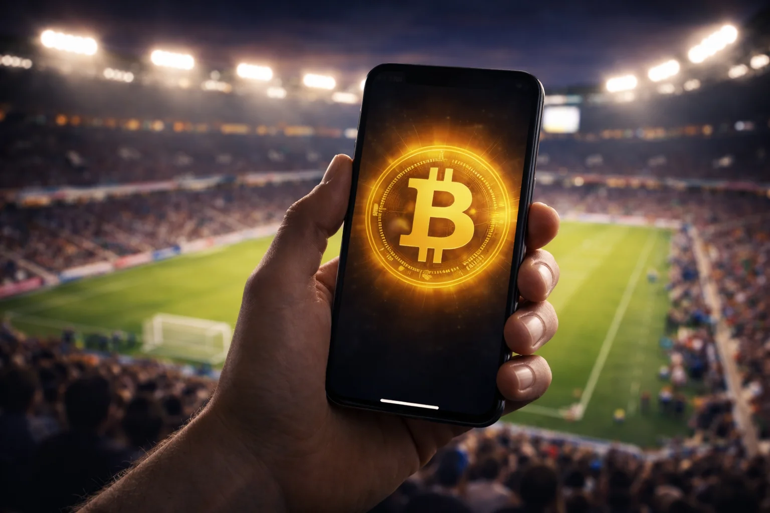Smartphone mit Bitcoin-Symbol vor einem beleuchteten Sportstadion bei Nacht