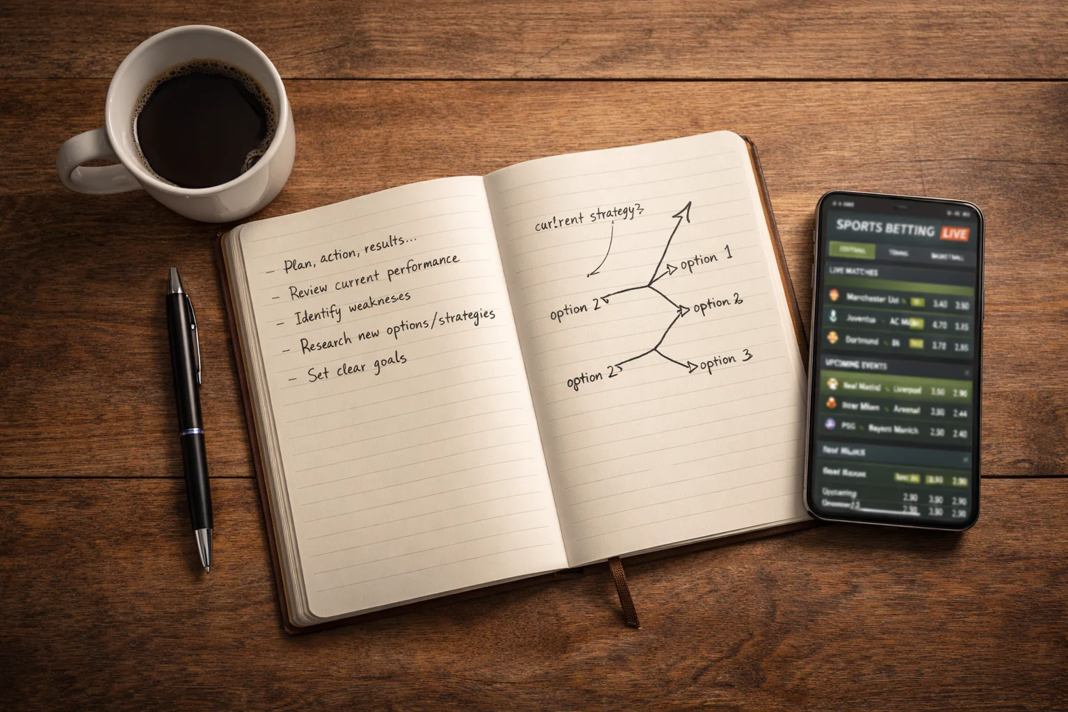 Aufgeschlagenes Notizbuch mit Sportwetten-Strategie und Smartphone mit Live-Fussballquoten auf dem Tisch