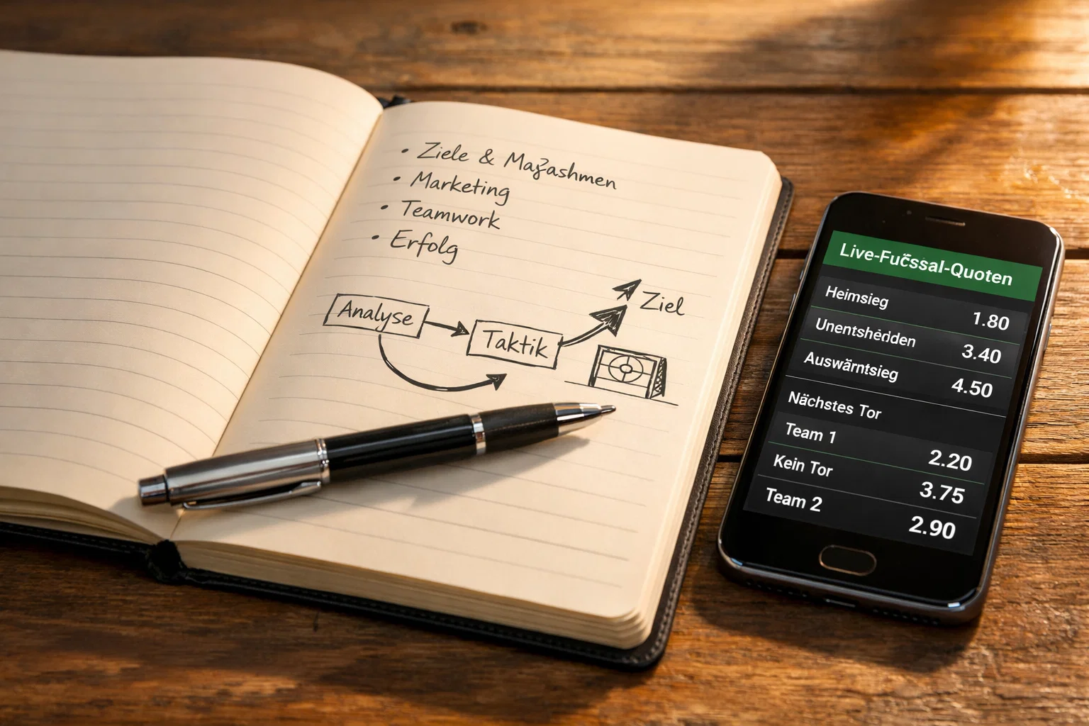 Nahaufnahme eines Notizbuchs mit Sportwetten-Strategie neben einem Smartphone mit Live-Fussballquoten