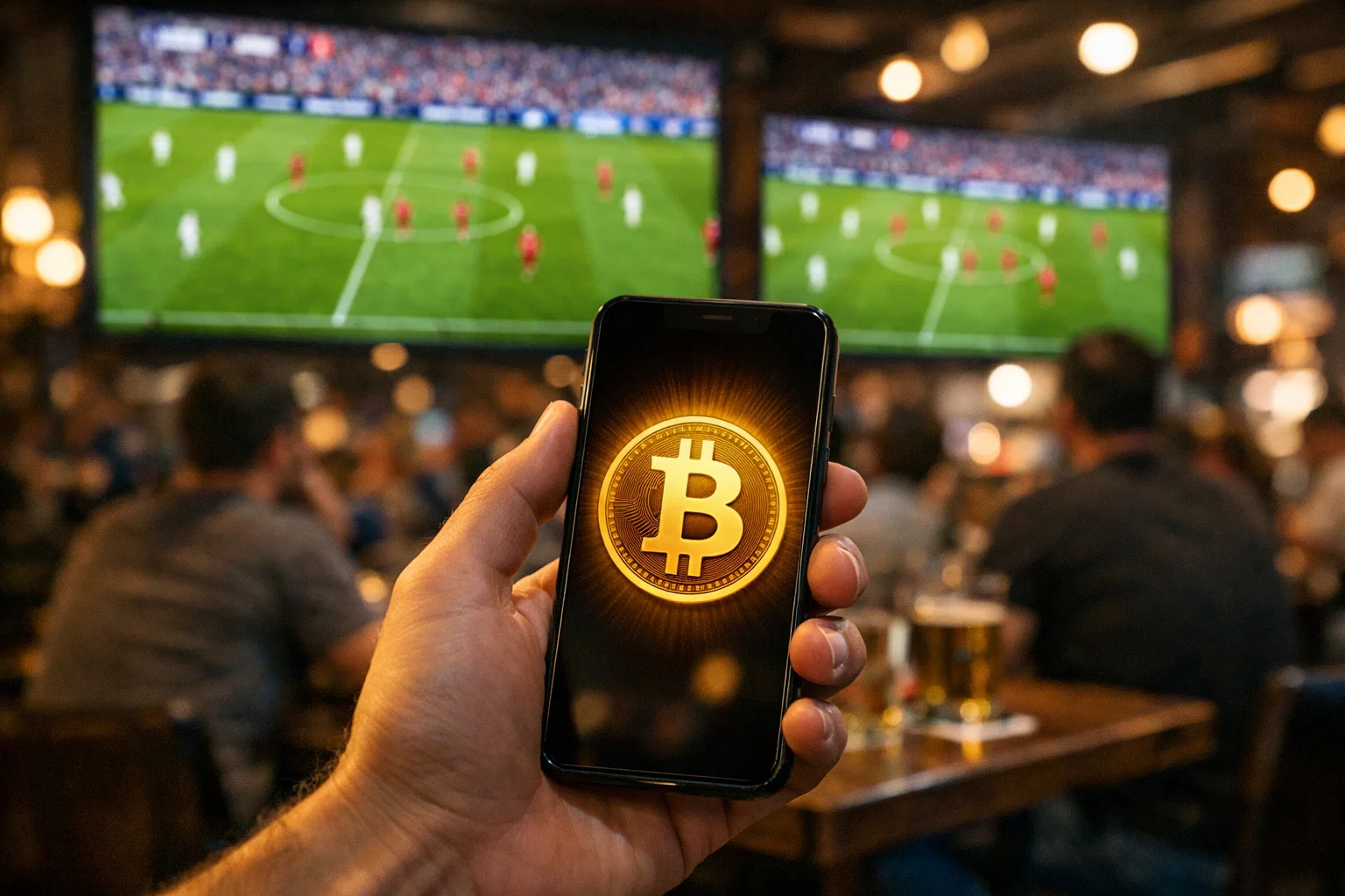 Sportbar mit grossen Bildschirmen die ein Live-Fussballspiel zeigen und ein Smartphone mit Bitcoin-Symbol im Vordergrund