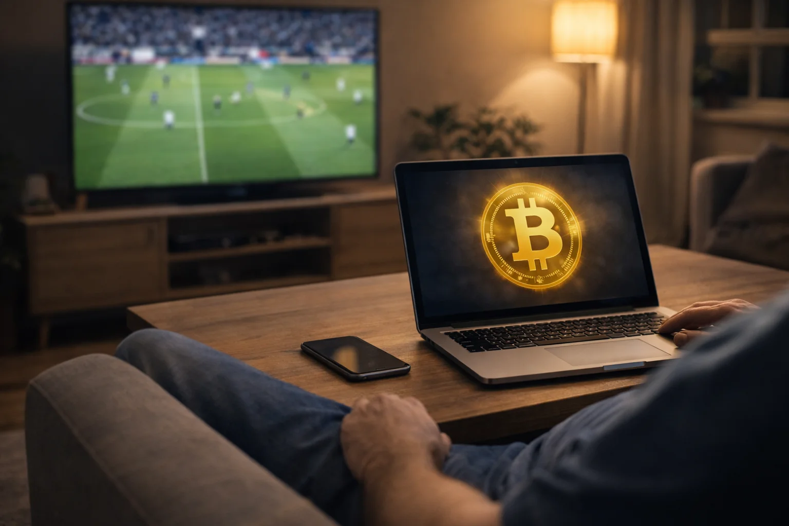 Person sitzt auf einer Couch mit Laptop und Smartphone und verfolgt ein Live-Fussballspiel auf dem Fernseher