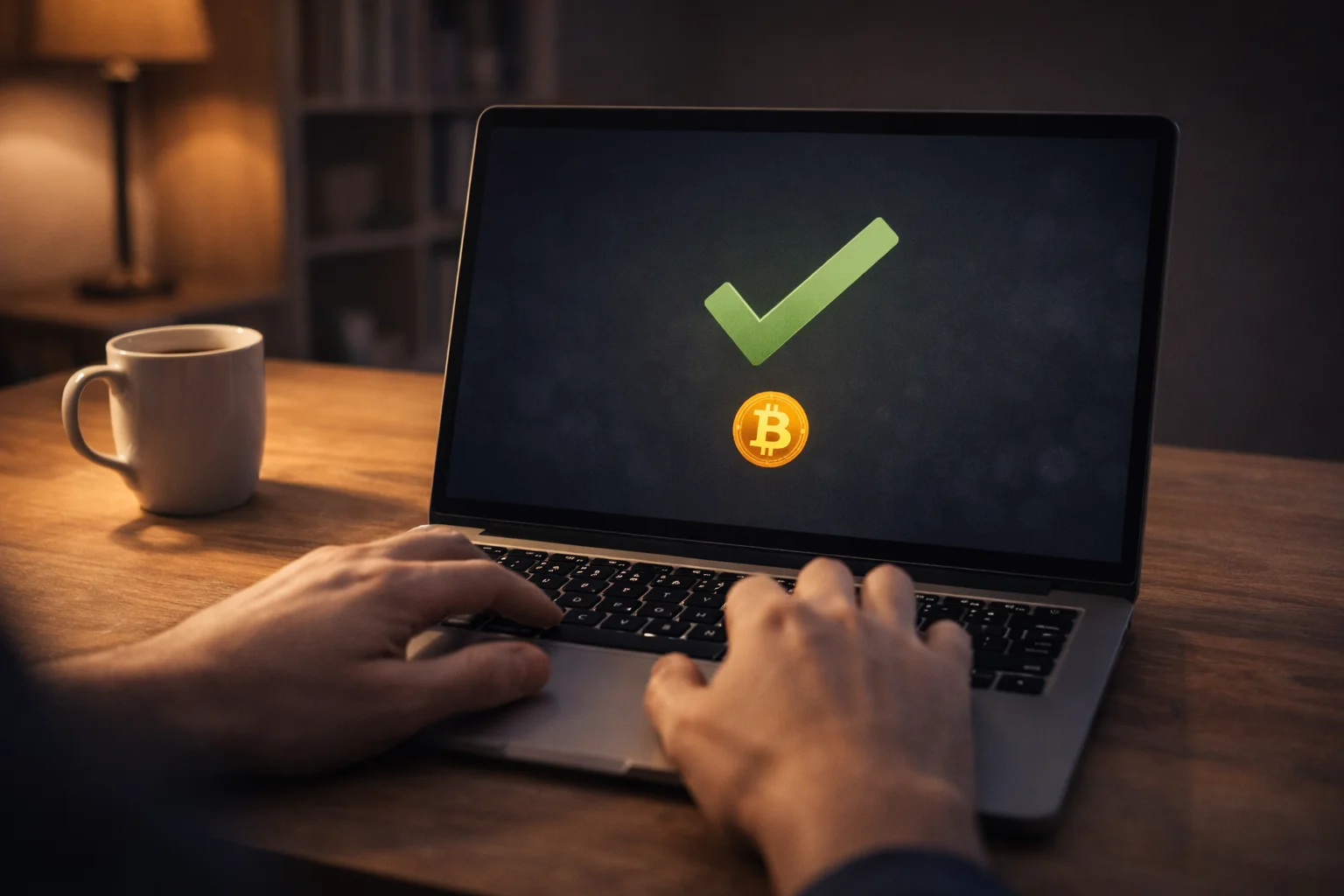 Person sendet Bitcoin-Zahlung vom Laptop mit Bestätigungssymbol auf dem Bildschirm