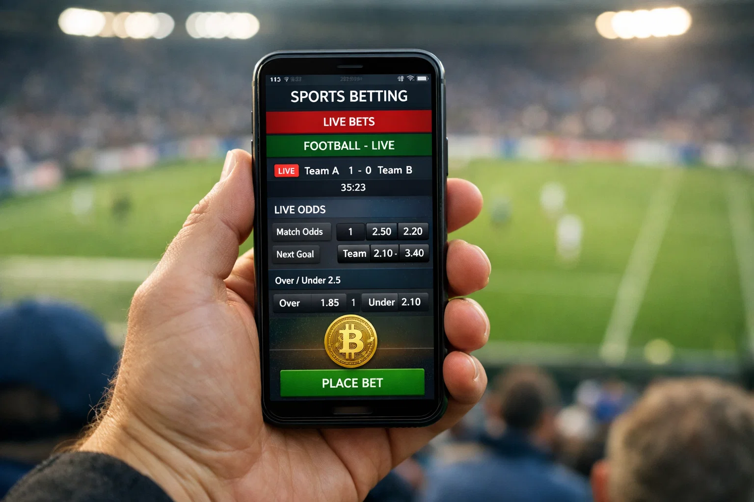 Smartphone mit geöffneter Sportwetten-App und Bitcoin-Symbol auf einem Stadionsitz