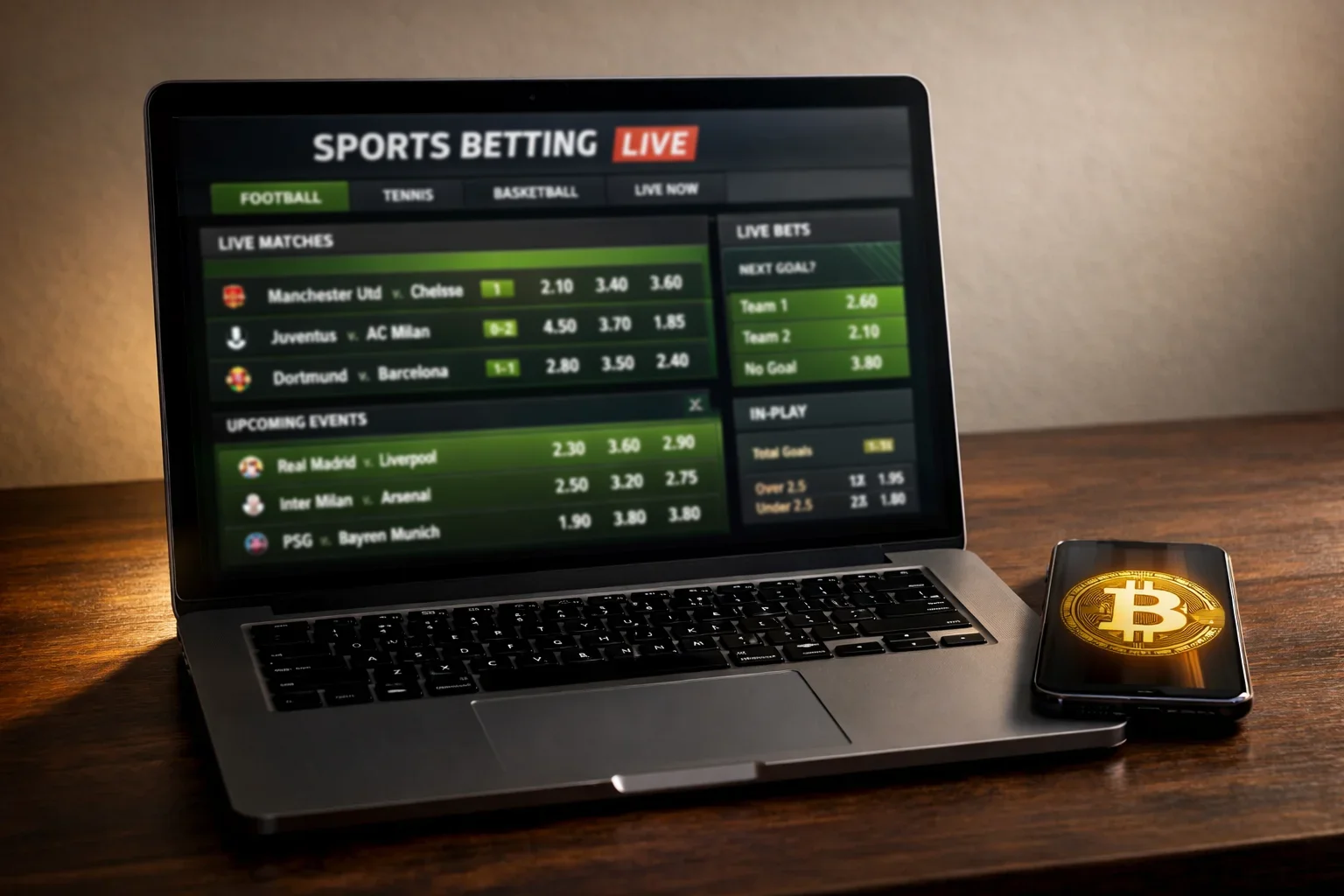 Laptop mit Live-Sportwetten-Übersicht und Bitcoin-Symbol auf dem Bildschirm