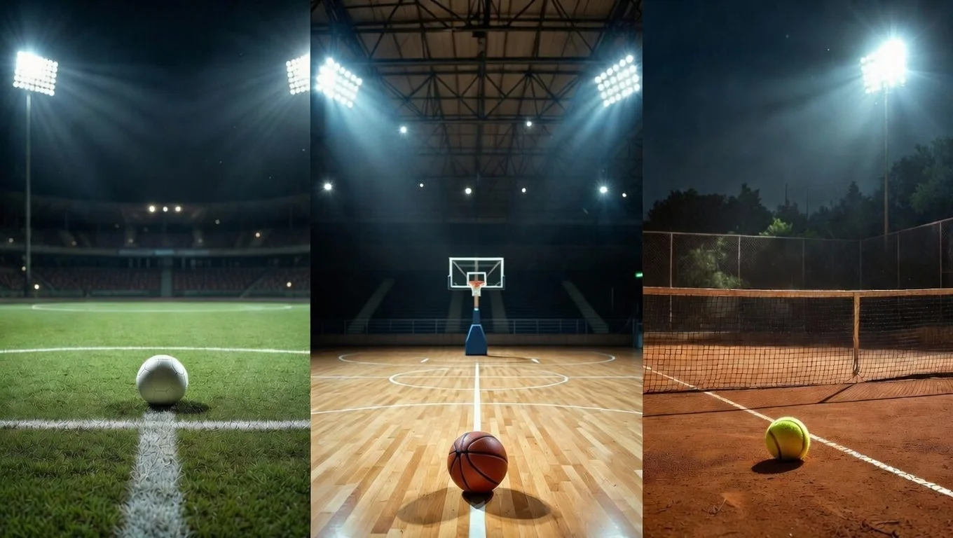 Geteilte Szene mit Fußballrasen, Basketballhalle und Tennisplatz bei Flutlicht