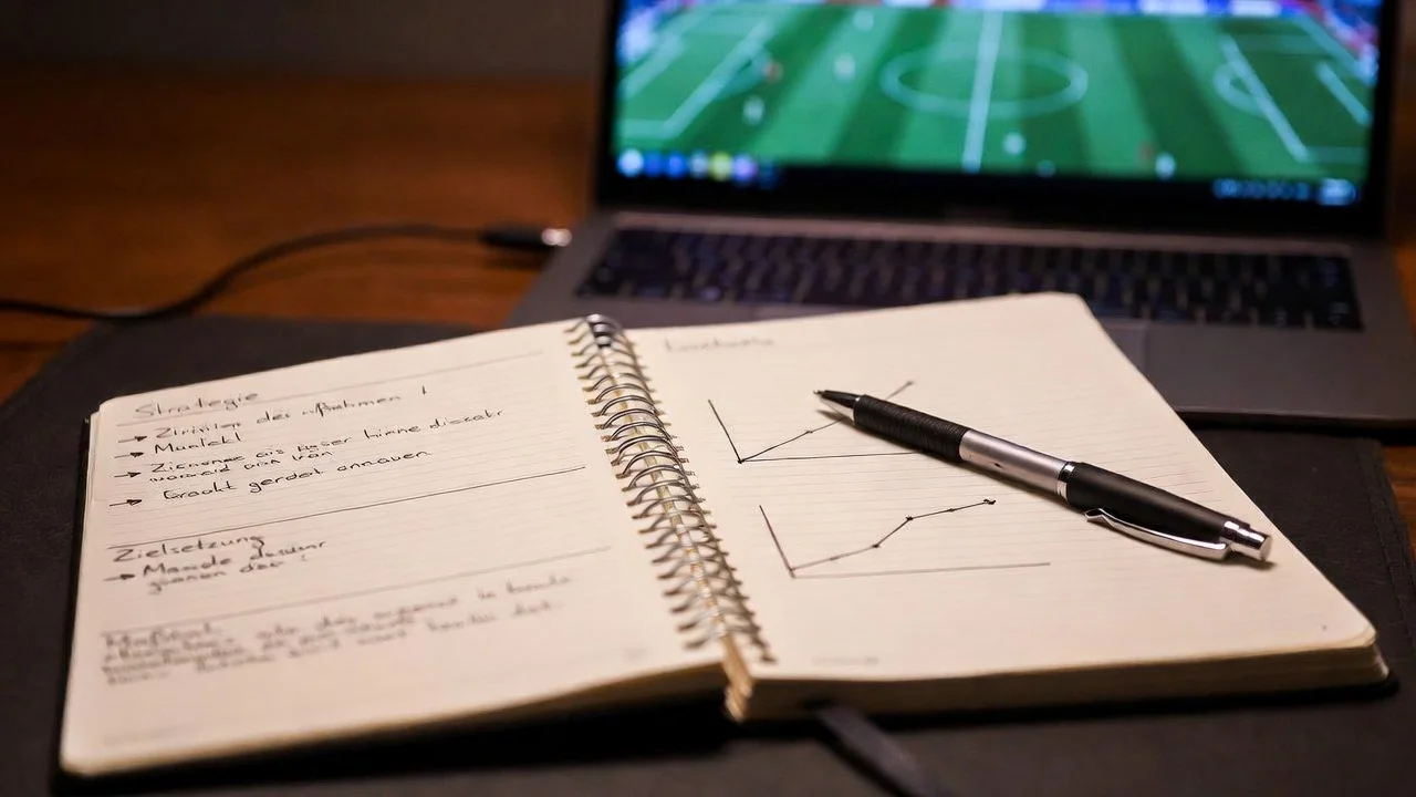 Notizbuch mit Wettstrategie-Notizen neben einem Laptop mit Live-Sportübertragung